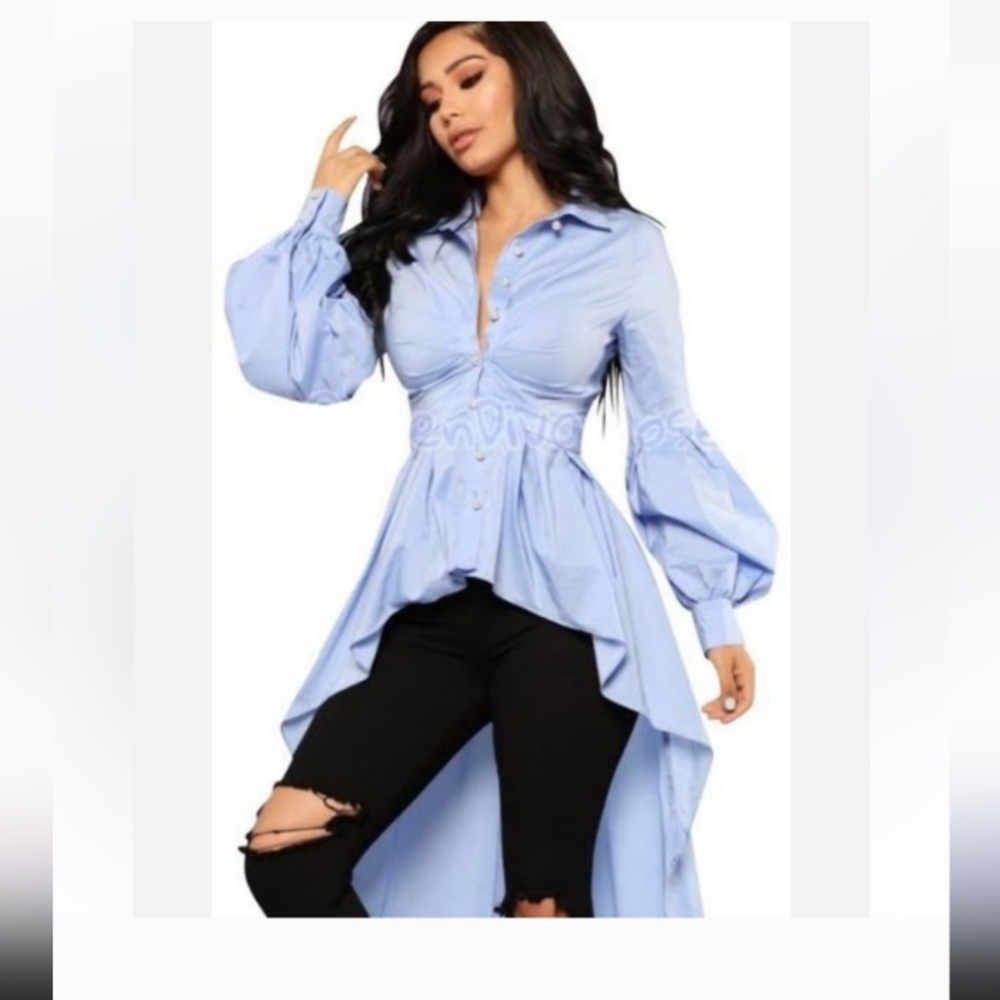 Nylon Premium Blue Turning Heads Hi Lo Peplum Button Shirt Blouse Long Sleeve M